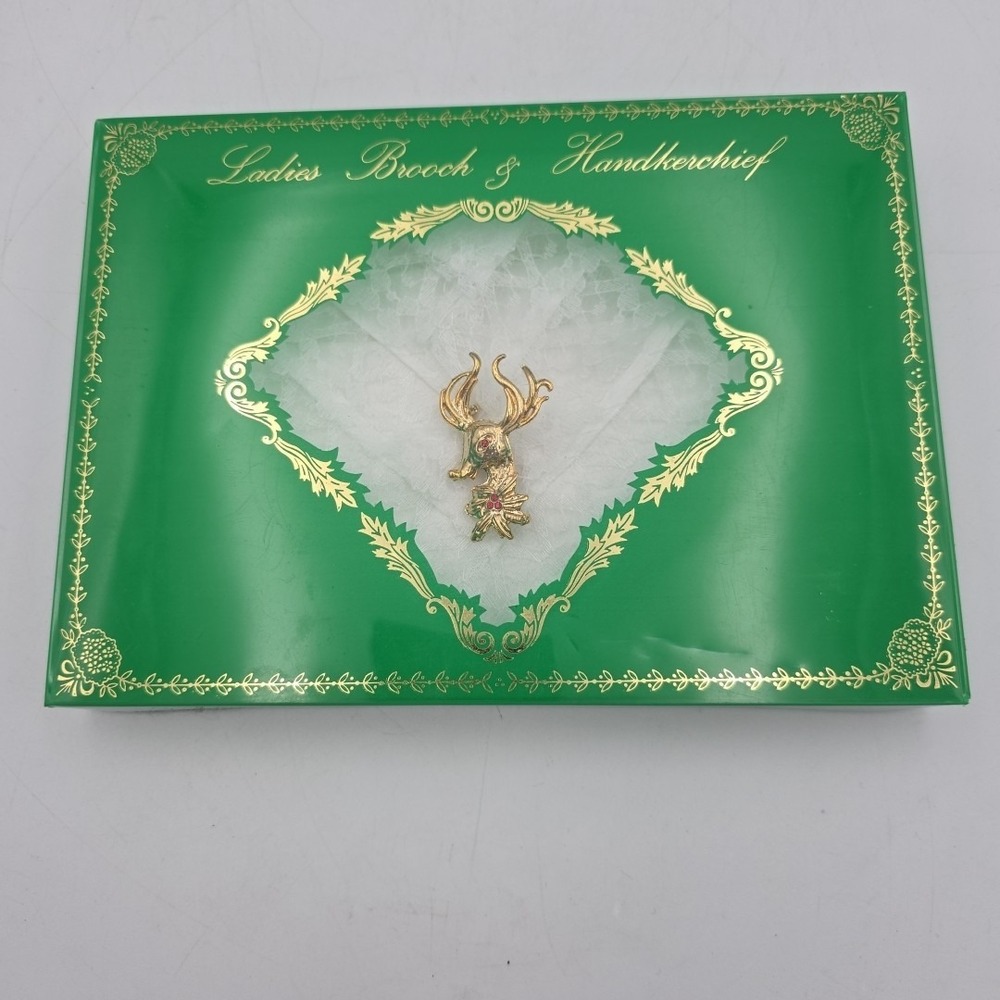 Vintage Enamel Christmas Reindeer Rudolph Brooch Pin- Poinsettia ~ 1.0" x 1 3/4"